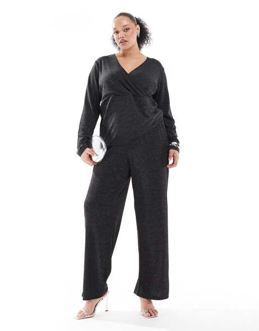 Vero Moda Curve wide leg pants in black glitter - part of a set