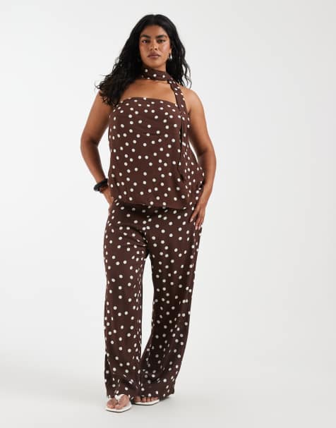 Vero Moda Curve woven wide leg pants in chocolate and white polka dot (part of a set) - view 1