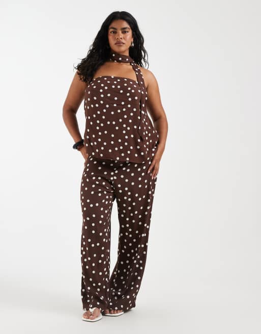 Vero Moda Curve woven bandeau top with scarf detail and wide leg pants set in chocolate and white polka dot, 2 of 3