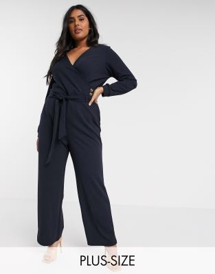 Vero Moda Curve wrap button detail jumpsuit-Navy