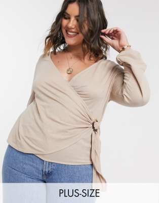 Vero Moda Curve Wrap Front Blouse With Tortoise Buckle In Beige-neutral