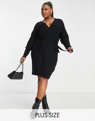 Vero Moda Curve Vero Moda Curve wrap front knitted mini dress in black