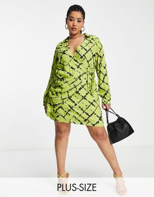 Vero Moda Curve wrap front mini dress in lime splatter check-Green