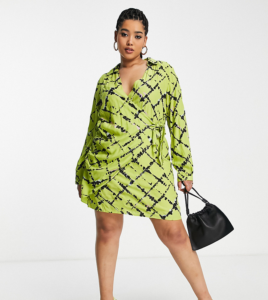 Vero Moda Curve wrap front mini dress in lime splatter check-Green