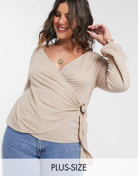 Vero Moda Curve wrap-front top with tortoise buckle in beige - view 1