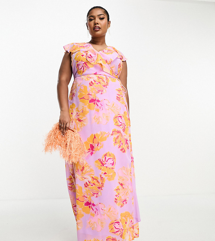 Vero Moda Curve wrap maxi dress in lilac and orange florals