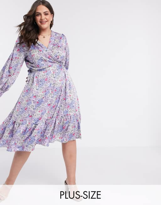 Vero Moda Curve wrap midi dress with ruffle hem in purple floral