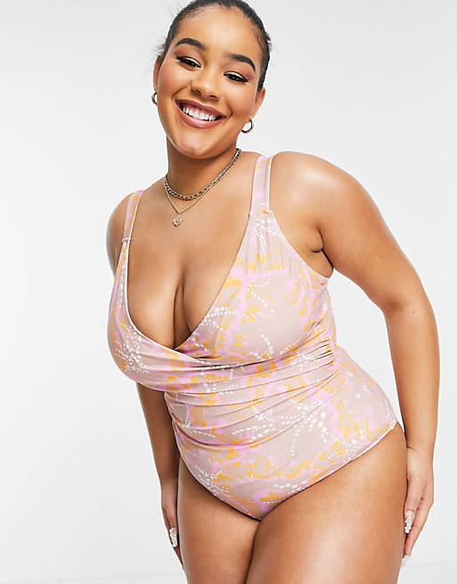  Vero Moda Curve wrap swimsuit in pink floral 