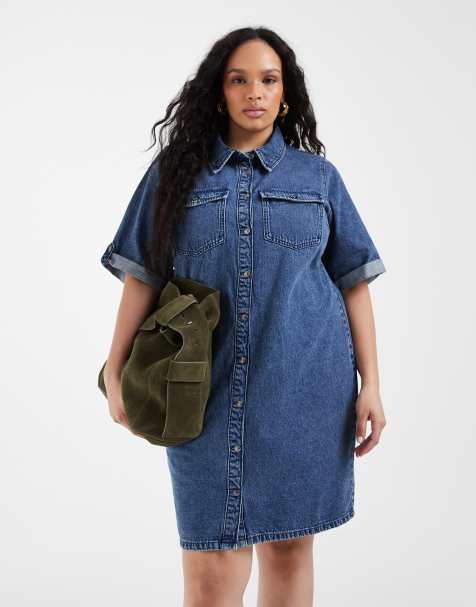 Vero Moda Curve – Zapinana na guziki z przodu niebieska jeansowa sukienka mini z krótkimi rękawami - view 1