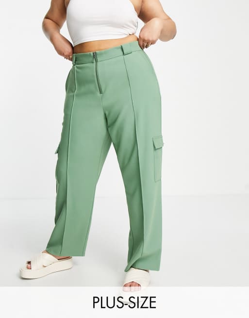 Vero Moda Curve – Zielone dopasowane spodnie w stylu roboczym z suwakiem z przodu