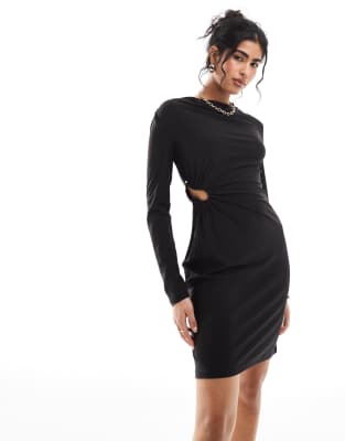 cut out draped mini dress in black