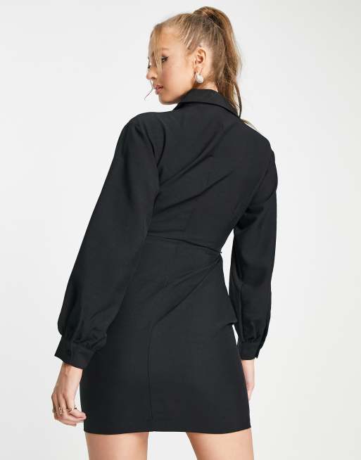 Cut Out Waist Belted Long Sleeve Form Fitting Dress in Black