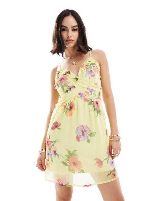 Vero Moda – Cytrynowa sukienka mini na ramiączkach z falbanką w kwiatowy wzór