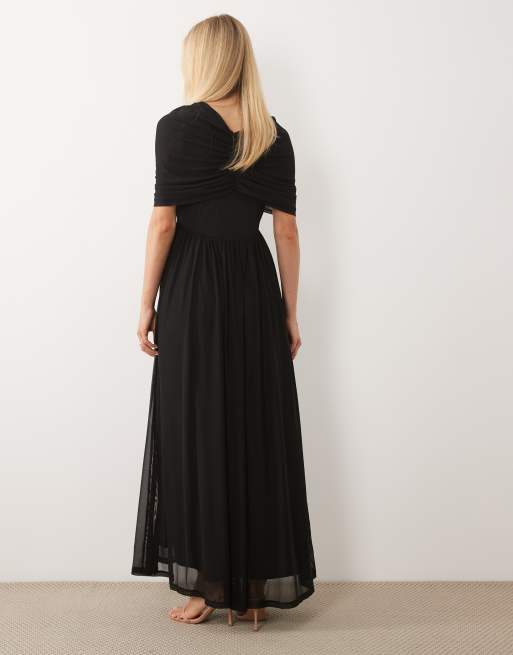 Vero Moda – Czarna, dżersejowa sukienka maxi z ozdobną peleryną, 4 z 4