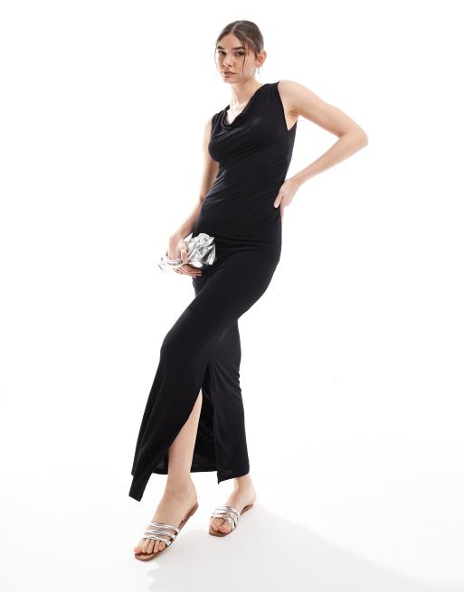 Vero Moda – Czarna dżersejowa sukienka maxi z rozcięciem