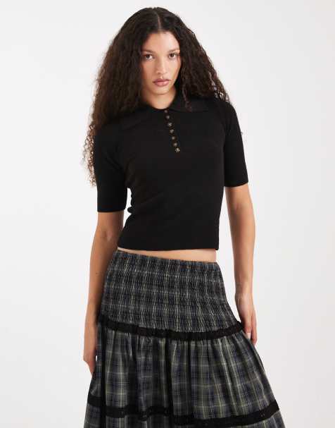 Vero Moda structured knit 1/2 sleeve button front polo top in black