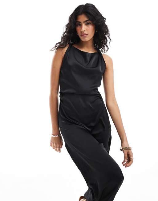 Vero Moda – Czarna satynowa sukienka maxi bez rękawów z drapowaniem, 4 z 4