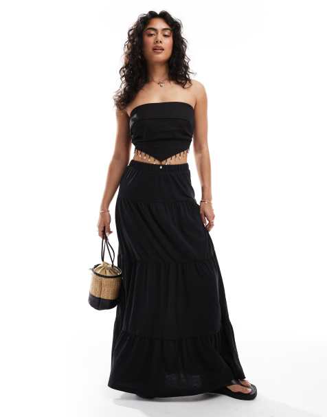 Vero Moda tiered jersey boho maxi skirt in black