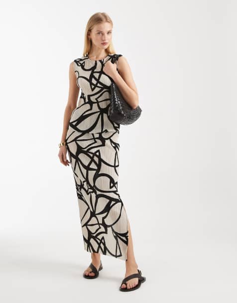 Vero Moda – Czarno-biały plisowany zestaw w abstrakcyjny wzór: top bez rękawów i spódnica maxi - view 1