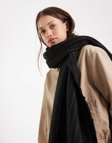 Vero Moda soft pinstripe print tassle scarf in black
