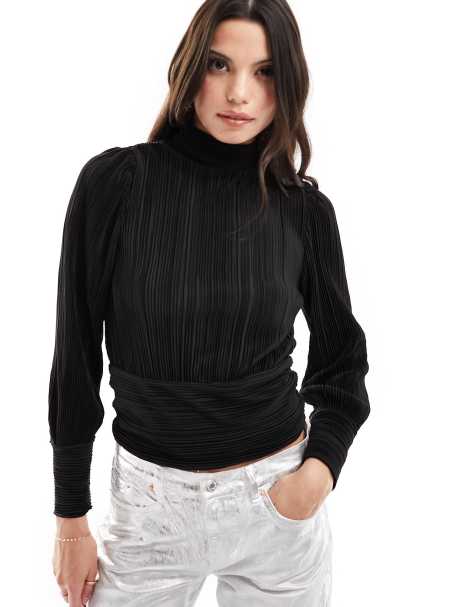 Vero Moda – Czarny plisowany top z długimi rękawami i wiązaniem na plecach - view 1