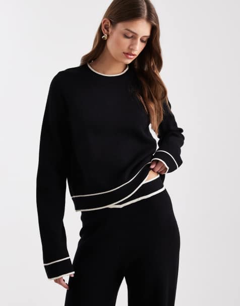 Vero Moda knitted jumper co-ord with cream contrast piping in black