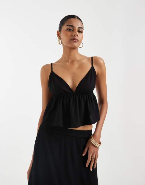 Vero Moda linen touch cami strap top co-ord in black
