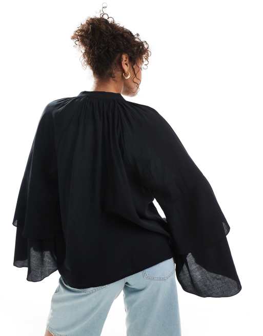 Vero Moda – Czarny top w stylu boho z warstwowymi falbankami na rękawach, 3 z 4