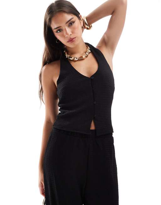 Vero Moda – Czarny top z dekoltem halter z teksturowanego dżerseju, część zestawu