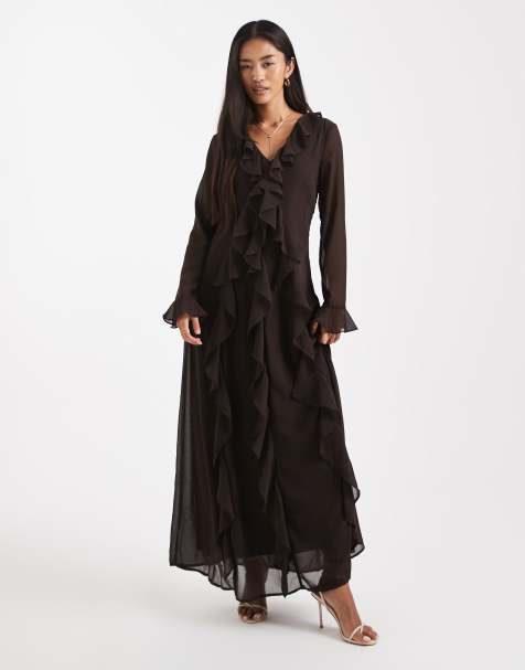 Vero Moda ruffle detail chiffon boho maxi dress in chocolate