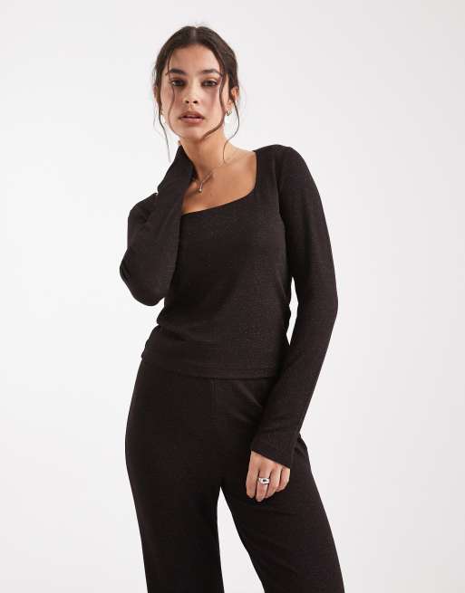 Vero Moda – Czekoladowo-miedziany brokatowy top z długimi rękawami i kwadratowym dekoltem, część zestawu