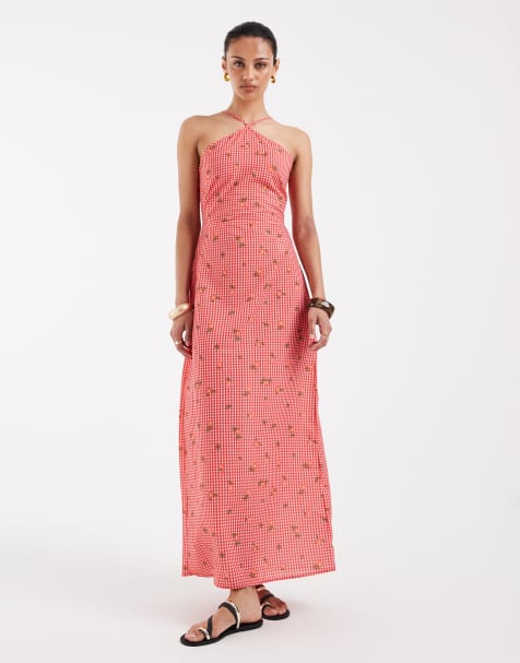 Vero Moda – Czerwona sukienka maxi w kratkę vichy i kwiatowy wzór z dekoltem halter - view 1