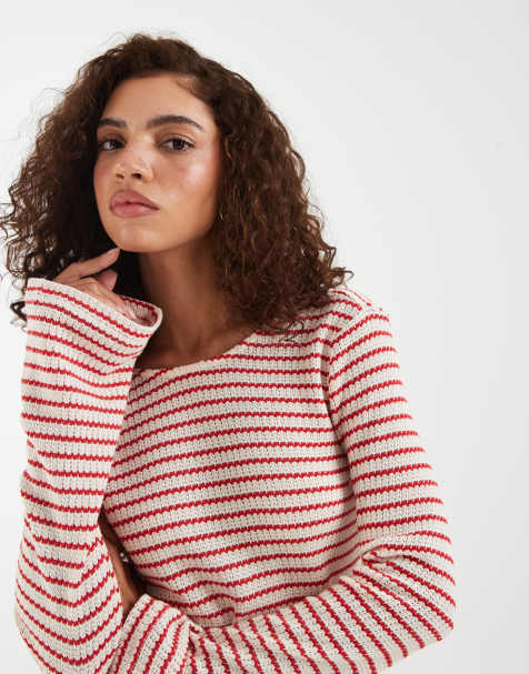 Vero Moda – Czerwono-kremowa sukienka mini z szydełkowanej dzianiny ze stretchem i rękawami typu dzwon w paski - view 1