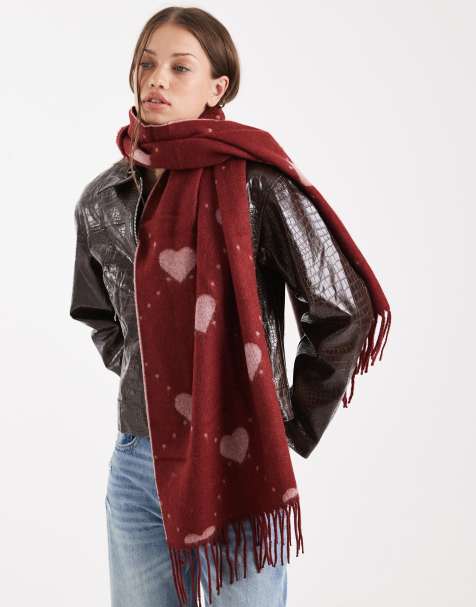 Vero Moda soft heart print jaquard tassle scarf in red