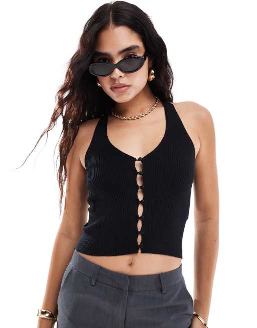 Vero Moda - Débardeur boutonné devant en maille à dos nageur - Noir, 4 de 4
