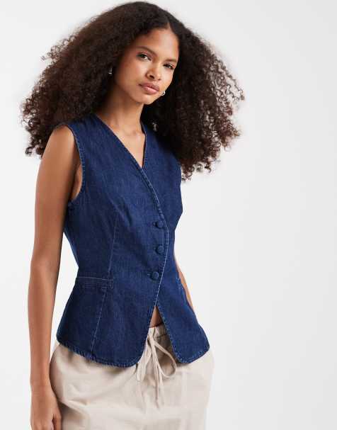 Vero Moda denim asymmetric placket waistcoat with covered buttons in medium blue wash - view 1