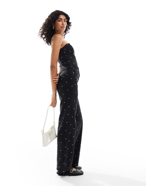 Vero Moda denim bandeau crop top and wide leg jeans set with embroidered spot detail in black - view 1