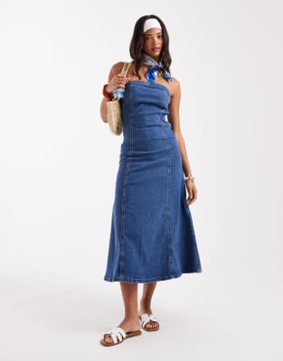 denim bandeau skater dress in medium blue