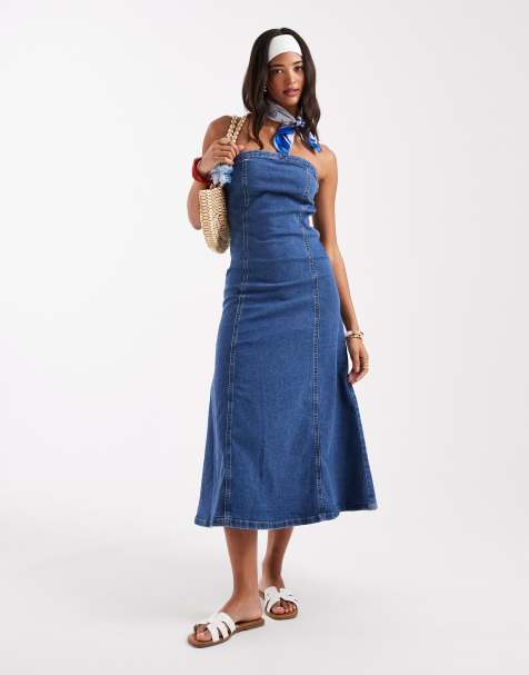 Vero Moda denim bandeau skater dress in medium blue - view 1