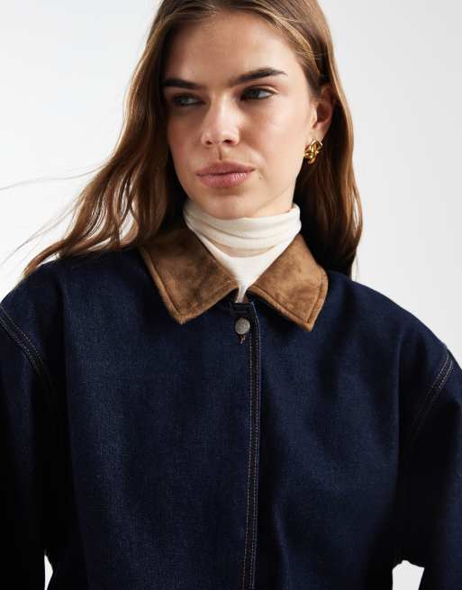 Vero Moda denim barn jacket with faux suede collar in medium denim blue, 3 of 4