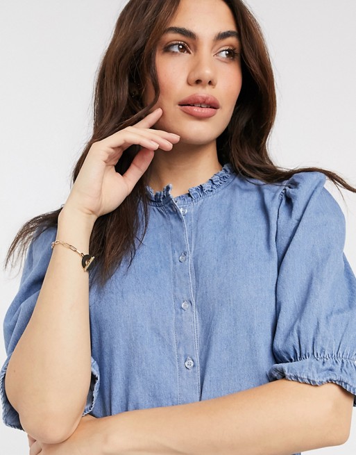 Vero Moda denim blouse with puff sleeves and high neck in blue