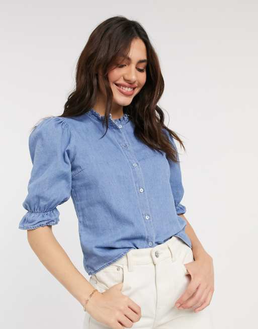 Vero Moda denim blouse with puff and high neck in blue | ASOS