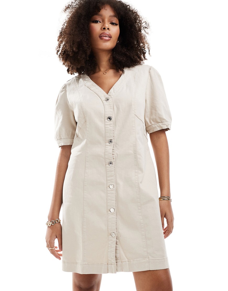 Vero Moda denim button through v neck mini dress in stone-White