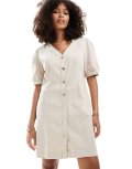 [Vero Moda] Vero Moda denim button through v neck mini dress in stone-White XS Pumice stone