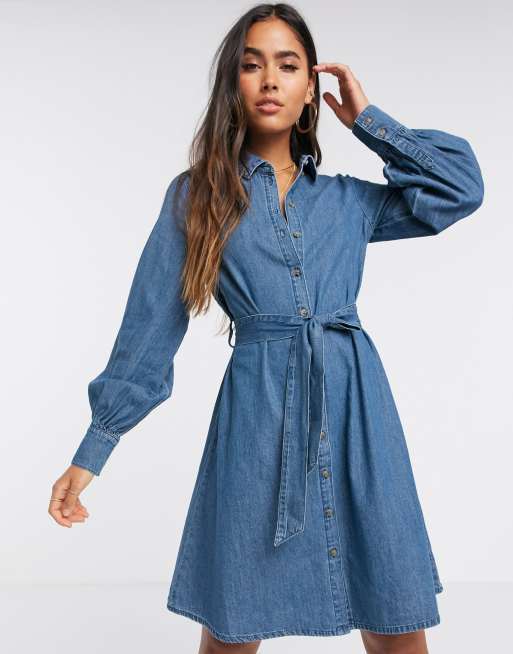 Vero Moda denim dress with balloon sleeves in blue | ASOS