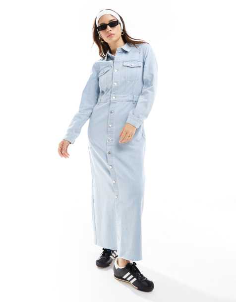 Vero Moda - Denim maxi-jurk met lange mouwen en knoopsluiting in blauw - view 1