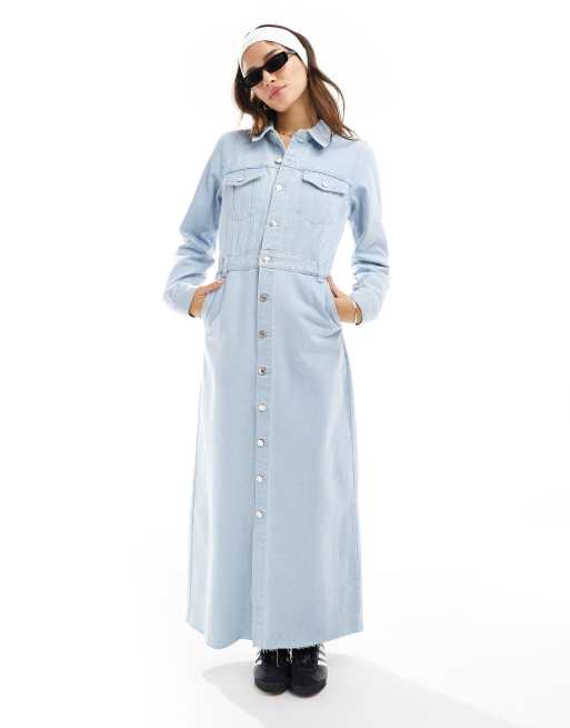 Vero Moda Denim maxi-jurk met lange mouwen en knoopsluiting in