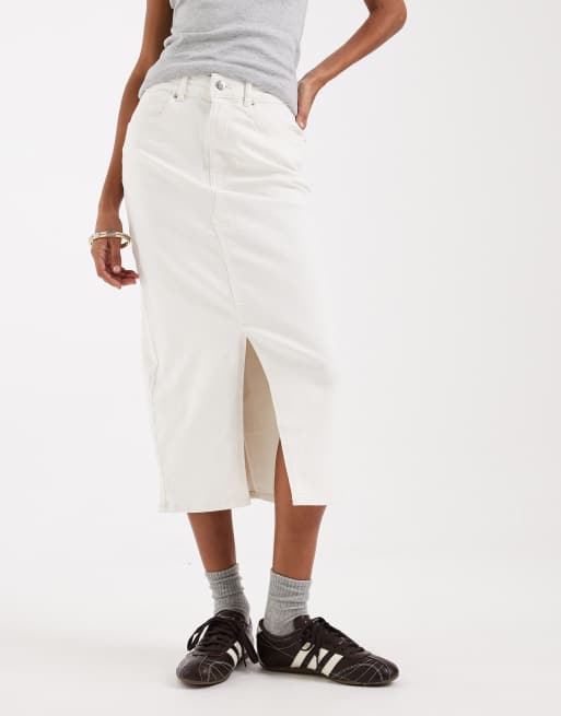 Vero Moda denim midaxi skirt with front split in ecru, 2 of 5