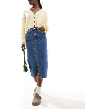 Vero Moda denim midaxi skirt with front split in medium blue denim