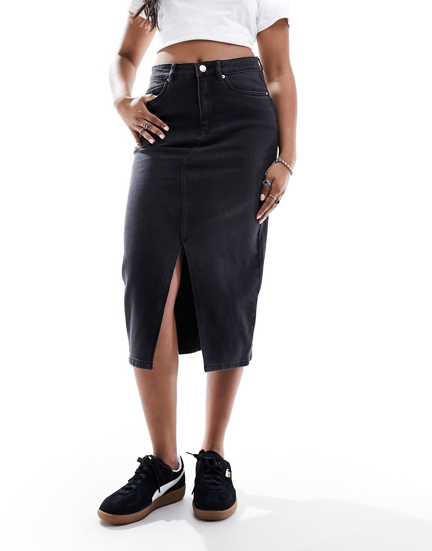 denim midaxi skirt with front split in washed black